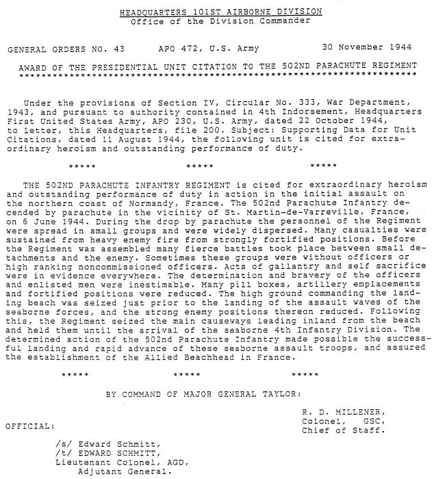 Distinguished Unit Citation [Presidential Unit Citation] dla 502nd PIR za Normandię
